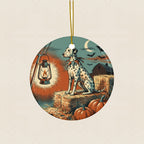 Dalmatian Halloween Poster Ceramic Tree Ornament round ceramic ornament by Tritan, laid flat on a warm limestone surface