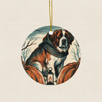 Saint Bernard Halloween Poster Ceramic Tree Ornament round ceramic ornament by Tritan, laid flat on a warm limestone surface