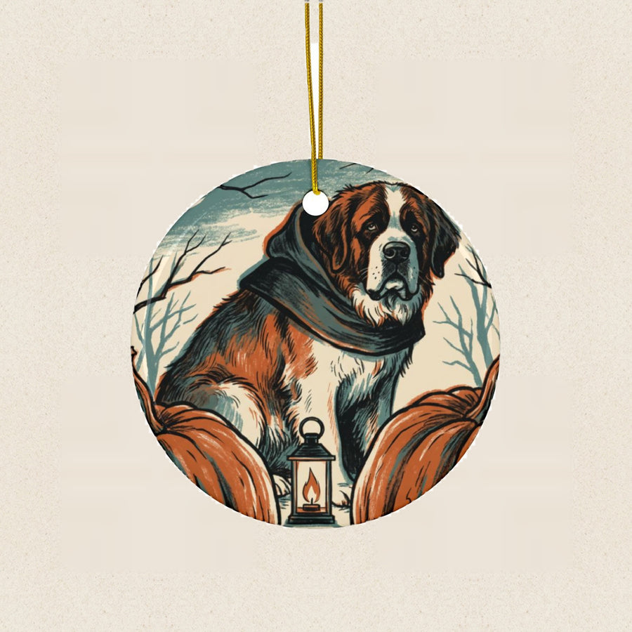 Saint Bernard Halloween Poster Ceramic Tree Ornament round ceramic ornament by Tritan, laid flat on a warm limestone surface