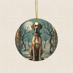 Great Dane Halloween Poster Ceramic Tree Ornament round ceramic ornament by Tritan, laid flat on a warm limestone surface