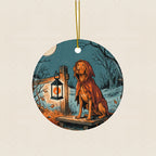 Vizsla Halloween Poster Ceramic Tree Ornament round ceramic ornament by Tritan, laid flat on a warm limestone surface