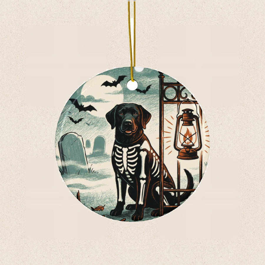 Labrador Retriever Halloween Poster Ceramic Tree Ornament round ceramic ornament by Tritan, laid flat on a warm limestone surface