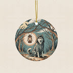 Siberian Husky Halloween Poster Ceramic Tree Ornament round ceramic ornament by Tritan, laid flat on a warm limestone surface