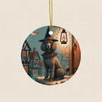 Poodle Halloween Poster Ceramic Tree Ornament round ceramic ornament by Tritan, laid flat on a warm limestone surface