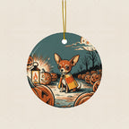 Chihuahua Halloween Poster Ceramic Tree Ornament round ceramic ornament by Tritan, laid flat on a warm limestone surface