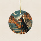 Doberman Halloween Poster Ceramic Tree Ornament round ceramic ornament by Tritan, laid flat on a warm limestone surface