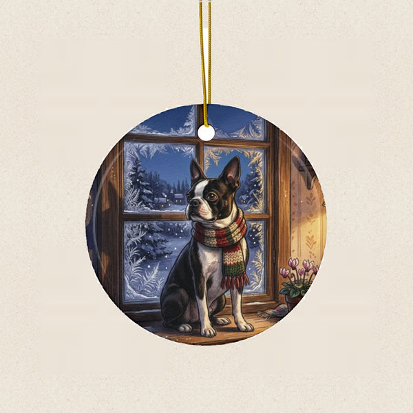 Boston Terrier Christmas Storybook Ceramic Tree Ornament round ceramic ornament by Tritan, laid flat on a warm limestone surface