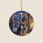Boston Terrier Christmas Storybook Ceramic Tree Ornament round ceramic ornament by Tritan, laid flat on a warm limestone surface