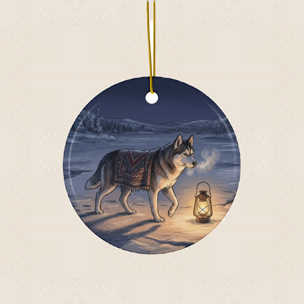 Siberian Husky Christmas Storybook Ceramic Tree Ornament round ceramic ornament by Tritan, laid flat on a warm limestone surface