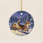 Corgi Christmas Storybook Ceramic Tree Ornament round ceramic ornament by Tritan, laid flat on a warm limestone surface