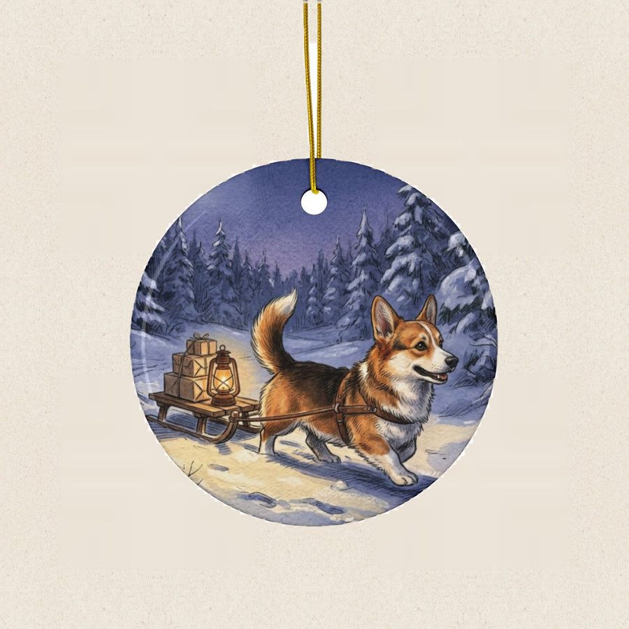 Corgi Christmas Storybook Ceramic Tree Ornament round ceramic ornament by Tritan, laid flat on a warm limestone surface