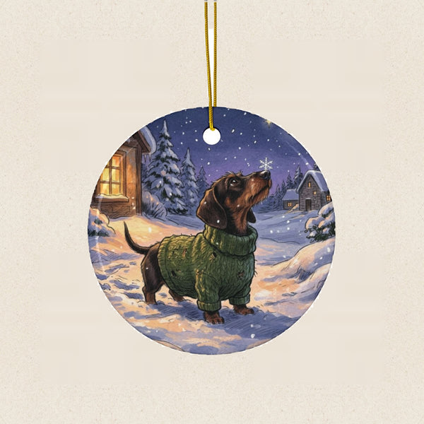 Dachshund Christmas Storybook Ceramic Tree Ornament round ceramic ornament by Tritan, laid flat on a warm limestone surface