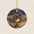French Bulldog Christmas Storybook Ceramic Tree Ornament round ceramic ornament by Tritan, laid flat on a warm limestone surface