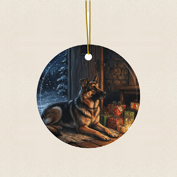 German Shepherd Christmas Storybook Ceramic Tree Ornament round ceramic ornament by Tritan, laid flat on a warm limestone surface