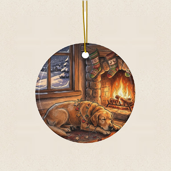 Golden Retriever Christmas Storybook Ceramic Tree Ornament round ceramic ornament by Tritan, laid flat on a warm limestone surface