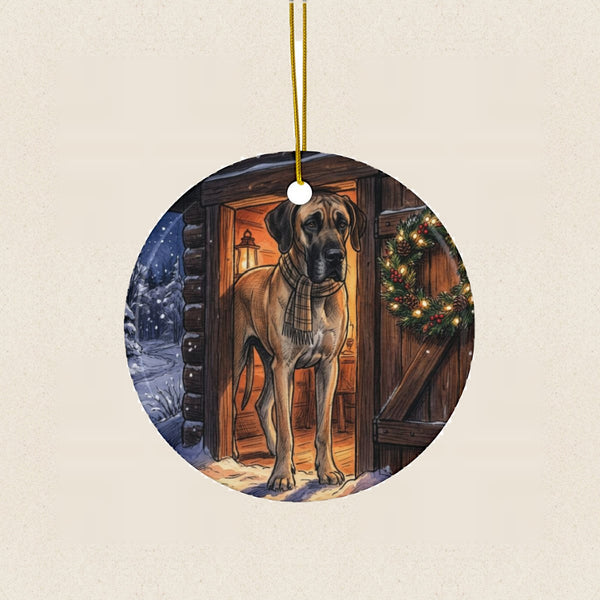 Great Dane Christmas Storybook Ceramic Tree Ornament round ceramic ornament by Tritan, laid flat on a warm limestone surface