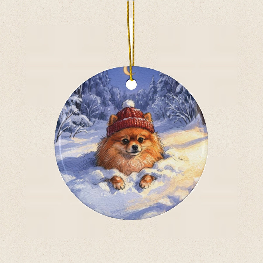 Pomeranian Christmas Storybook Ceramic Tree Ornament round ceramic ornament by Tritan, laid flat on a warm limestone surface