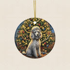 Poodle Christmas Storybook Ceramic Tree Ornament round ceramic ornament by Tritan, laid flat on a warm limestone surface