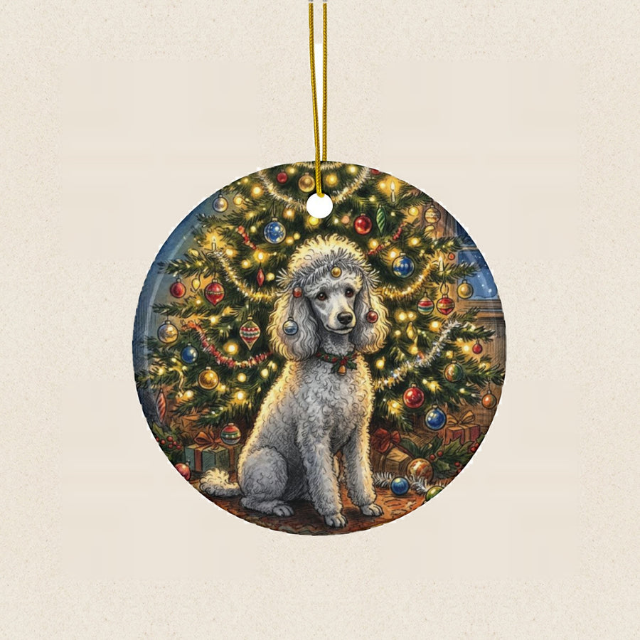 Poodle Christmas Storybook Ceramic Tree Ornament round ceramic ornament by Tritan, laid flat on a warm limestone surface