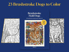 Brushstroke Field Dogs coloring book cover between two slanted details of the line art