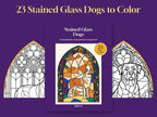 Stained Glass Dogs coloring book cover between two arched window details of the line art
