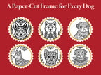 Six round details from the book: a Corgi, a Shiba, a Pug, a German Shepherd, a Yorkie and a Rottweiler in folk frames