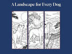 Three narrow panels from the book: a Shiba on a mountain path, a Labrador under a great wave, a Great Dane at a rope bridge