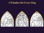 Three pointed-arch windows from the book: a Poodle, a Shiba Inu and a Bernese Mountain Dog