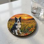 Border Collie Acrylic Sunset Prairie Cork Back Coaster | Dog Lover Gift