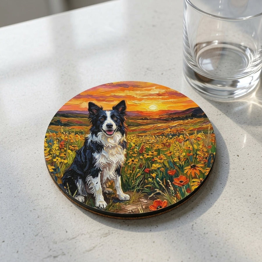Border Collie Acrylic Sunset Prairie Cork Back Coaster | Dog Lover Gift