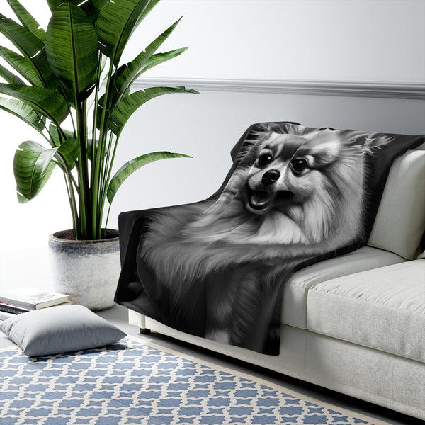Pomeranian Charcoal Portrait Sherpa Fleece Blanket | Dog Lover Gift — Lifestyle View
