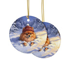 Pomeranian Christmas Storybook ceramic ornament by Tritan, front and back