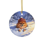 Pomeranian Christmas Storybook ceramic ornament by Tritan, front