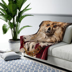 Pomeranian Kings & Queens sherpa blanket by Tritan, on sofa