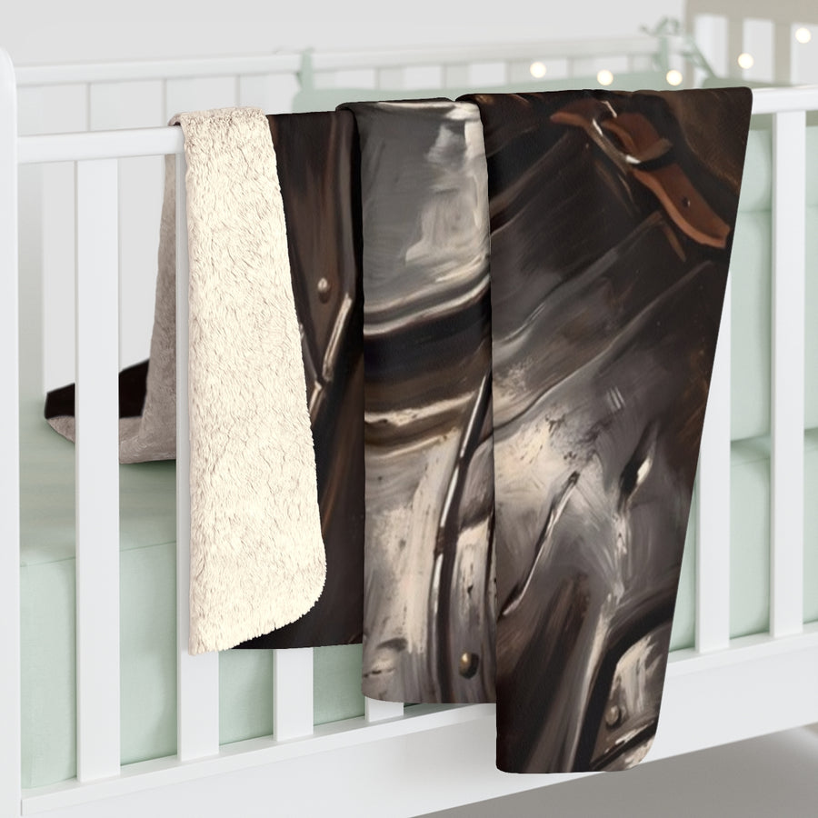 Pomeranian Medieval Knight sherpa blanket by Tritan, on bed
