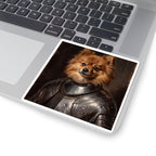 Pomeranian Medieval Knight vinyl sticker by Tritan, on a laptop