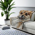 Pomeranian Oil Portrait sherpa blanket by Tritan, on sofa