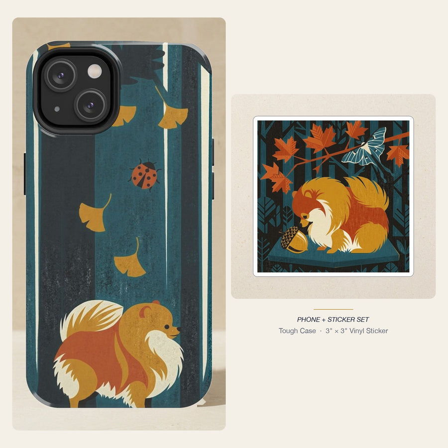 Pomeranian Retro Autumn phone and sticker gift set: dual-layer iPhone 15 Pro tough case and 3x3 vinyl sticker