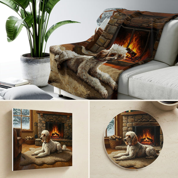 Poodle By the Fire gift set: canvas, sherpa blanket and coaster in one painting