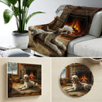 Poodle By the Fire gift set: canvas, sherpa blanket and coaster in one painting