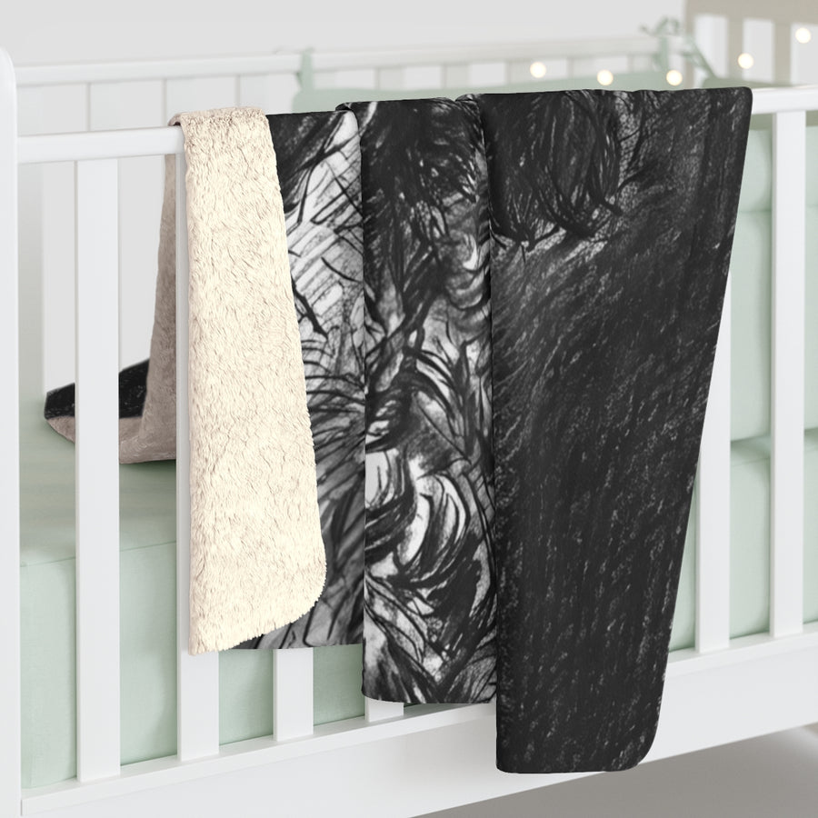 Poodle Charcoal sherpa blanket by Tritan, on bed