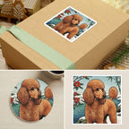 Poodle Japanese Print stocking stuffer gift set: round cork-back coaster and two 3x3 vinyl stickers