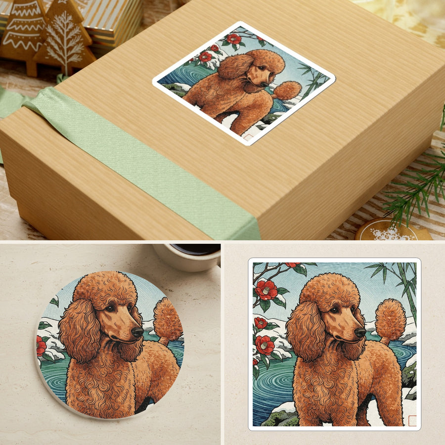 Poodle Japanese Print stocking stuffer gift set: round cork-back coaster and two 3x3 vinyl stickers