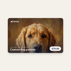 Custom dog portrait gift card, 11″ × 14″ portrait, card face with an oil-style Golden Retriever portrait
