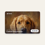 Custom dog portrait gift card, 20″ × 24″ portrait, card face with an oil-style Golden Retriever portrait