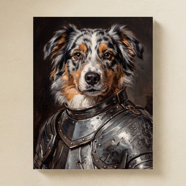 Australian Shepherd Medieval Knight Portrait Matte Art Poster Print, Regal Dog Painting, Australian Shepherd Lover Gift
