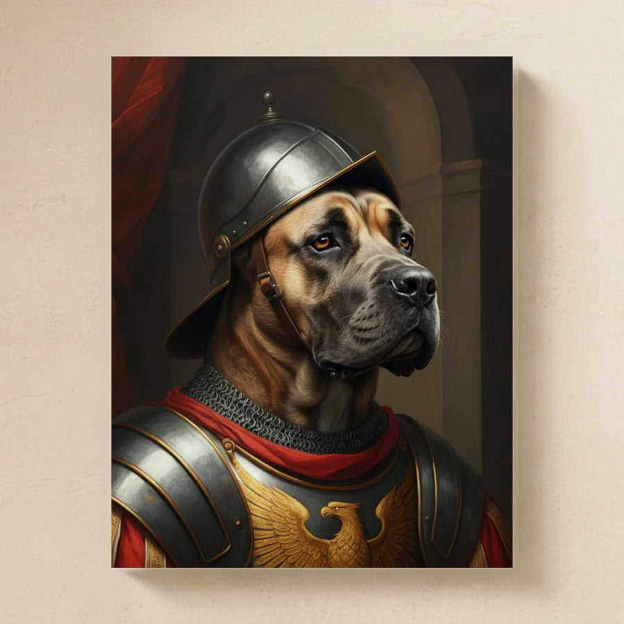 Cane Corso Medieval Knight Portrait Matte Poster, Regal Dog Art Print, Cane Corso Lover Gift, Wall Art mounted flat on a warm limestone gallery wall, matte paper art print photographed straight on