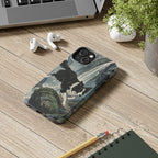 Border Collie tough phone case by Tritan, on a desk