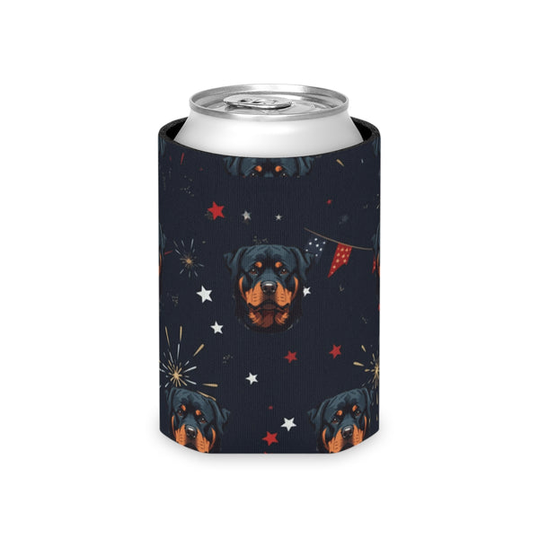 Rottweiler 4th of July Can Cooler | Patriotic Dog Pattern Drink Holder | Premium Insulated Gift for Dog Lovers — Lifestyle View