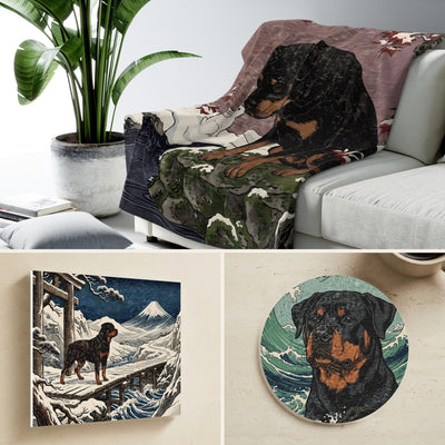 Rottweiler Japanese Print Gift Set | Canvas, Sherpa Blanket & Coaster | Tritan